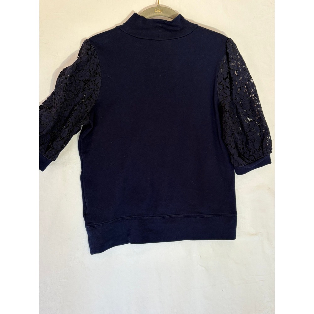 Lauren Ralph Lauren Navy Blue Mock Neck Lace Puff Sleeve Knit Top Medium
